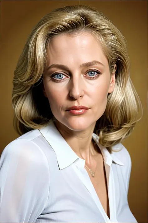 a close up of a woman with a white shirt and blue eyes