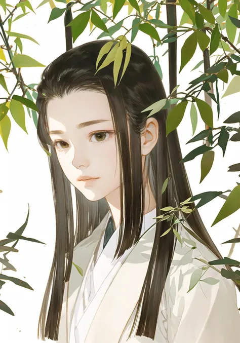 Jasminum nudiflorum, leaf, garden, vines, long_hair, grass, branch, overgrown, solo,bamboo, 1girl,solo,portrait,wind,close up