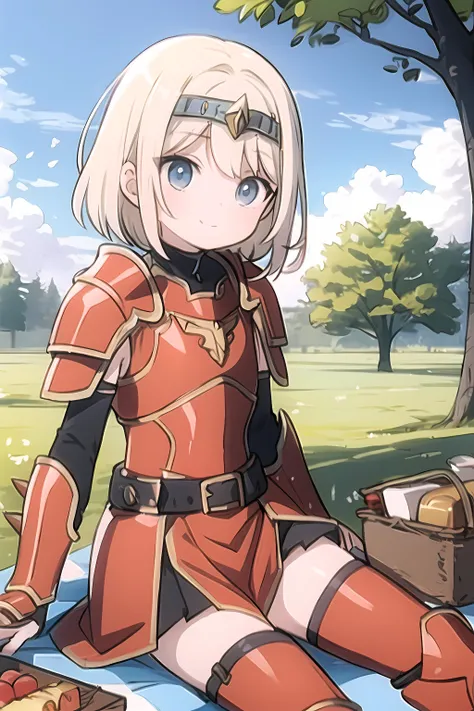 masterpiece, best quality, (gagaran:1.3), 1girl, solo, short_hair, smile, blonde_hair, blue_eyes, (silver circlet), (red armor:1.2), (red breastplate), (red gauntlets), (spiked armor), closed_mouth, upper_body, (straight legs), outdoors, sky, day, dress, t...