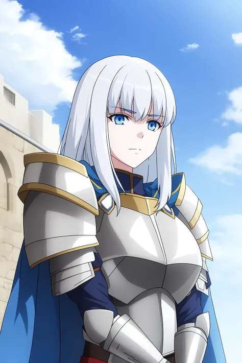 scama, 1girl, solo, long_hair, blue_eyes, closed_mouth, upper_body, white_hair, grey_hair, outdoors, sky, day, cloud, cape, armor, blue_sky, crossed_arms, shoulder_armor, gauntlets, pauldrons, breastplate, knight