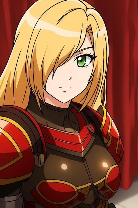 leinas, 1girl, solo, long_hair, breasts, looking_at_viewer, blonde_hair, very_long_hair, closed_mouth, green_eyes, upper_body, armor, hair_over_one_eye, cosplay, parody, shoulder_armor, red_background, pauldrons, breastplate, one_eye_covered, style_parody,...