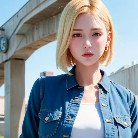 a close up of a woman wearing a denim jacket and a white top