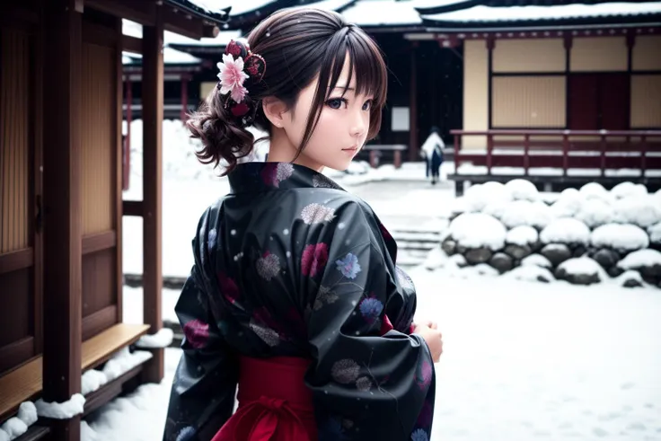 araffe woman in kimono in a snow covered courtyard