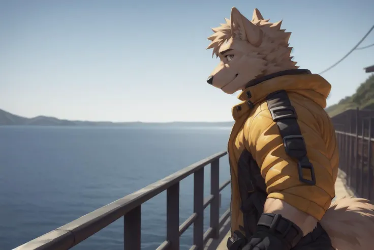 solo, 1boy, male, anthro, muscular, masterpiece, 4k, hi res, aged up, detailed background, detailed eyes,
leaning at cable railings, (side view:1.5), smiling, looking at side, (upper body:1.2), tourist spot, highland, sea view, standing next to the viewer,...