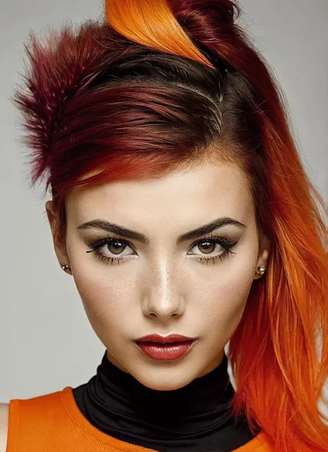 portrait of sks woman by Flora Borsi, style by Flora Borsi, bold, bright colours, orange Mohawk haircut, ((Flora Borsi)), <lora:locon_andreabotez_v1_from_v1_64_32:1.25>