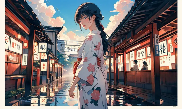 anime girl in kimono outfit standing in a street with buildings in the background