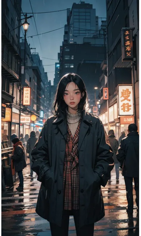 a woman standing in the middle of a city street at night