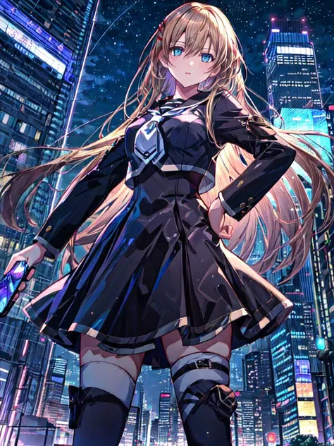 absurdres, absolutely resolution,  
masterpiece, best quality, high quality,
<lora:hiiragiasuka-nvwls-v1:0.9> hiiragi asuka, 
hairpin, black serafuku, black shirt, long sleeves, black skirt, white thighhighs,
(holding smartphone with right hand)
left  hand...