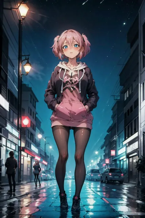 High Quality, Masterpiece, 1girl, <lora:emily:1> emily, short hair, twintails, pink hair, black hoodie, outdoors, night, (dark environment), <lora:Style_DarkIncursioStyle:0.85>, hands in pockets, black pantyhose, street, lamppost, glowing, blue eyes,