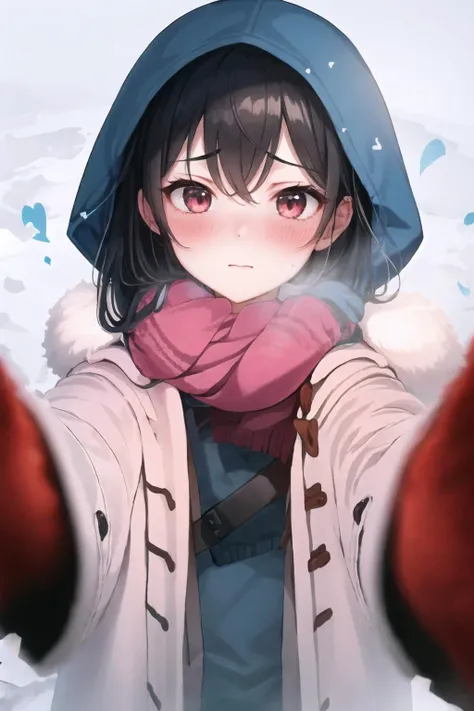 1girl, IncrsChkWarmingMeme, red scarf, pov, shy, blush, closed mouth, <lora:PovCheekWarmingMeme:1>, Menherachan, hood up, <lora:Char_Meme_Menherachan:1>, black hair,