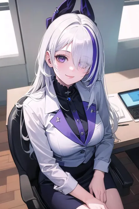 (masterpiece:1.3),(highly detailed:1.3),(highres:1.1),best quality,Ultra-detail,from above,office,sitting,1girl,solo,jelounzenstcs,hair over one eye,(office lady),looking at viewer,smile,<lora:unzen_all-outfits:0.7>,