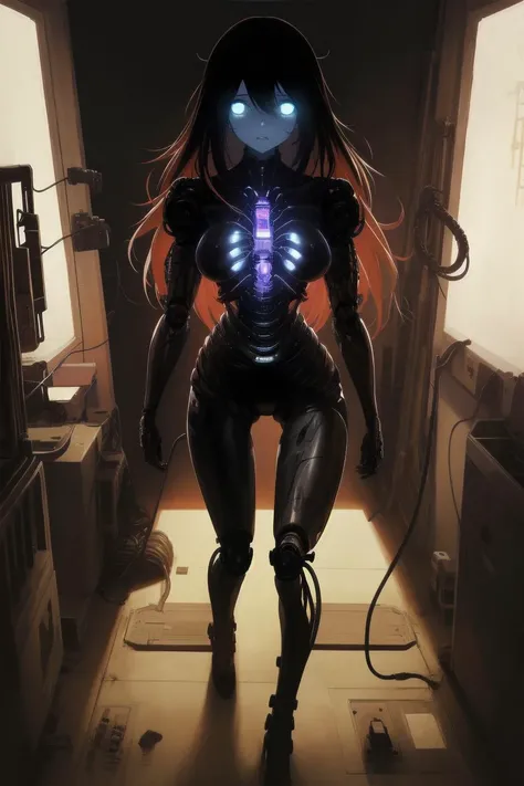 1girl, (solo:1.1), (factory:1.1), indoors, from above, walking, sad, android, translucent skin, evil machinery, corruption, mechanical, wires, electricity, very long hair, shadow creature, horrid dirty hairs, horror, terrifying atmosphere, (masterpiece), (...