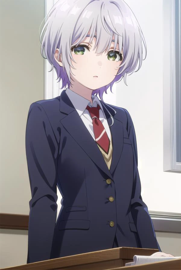 fuukakikuchi, <lora:fuuka kikuchi s1-lora-nochekaiser:1>,
fuuka kikuchi, short hair, bangs, hair between eyes, (green eyes:1.3), grey hair,
BREAK skirt, shirt, long sleeves, school uniform, jacket, white shirt, pleated skirt, necktie, collared shirt, plaid...