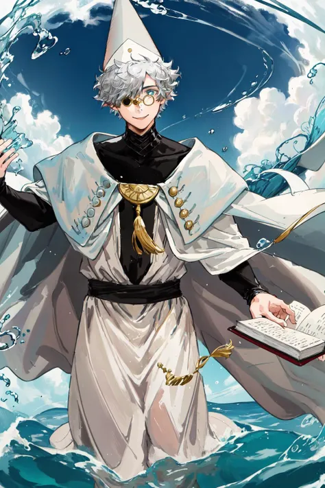 masterpiece, best quality, highres, 1boy glasses, hat, white cape white robe <lora:qifrey:1> outstretched arm, reaching out, holding book, smile, splashing, water drop