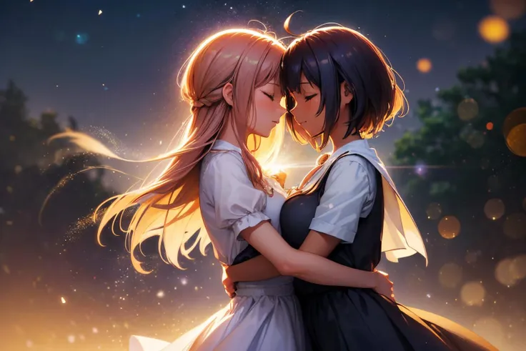 two anime girls hugging each other in the middle of a field