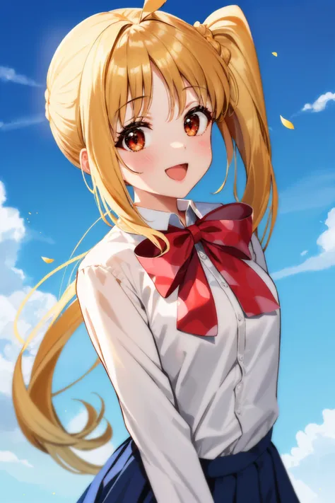 anime girl with long blonde hair and a bow in a white shirt