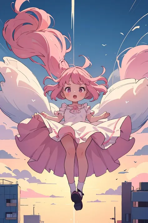 (masterpiece, best quality), 1girl,  pink hair, frilled dress,  <lora:falling-wasabiya:1> falling