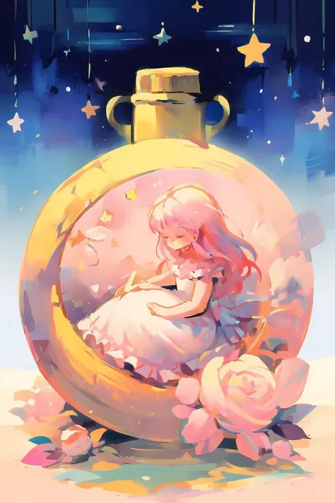 (masterpiece, best quality), 1girl, long hair, pink hair,  <lora:sitting_on_the_crescent_moon:1> sitting on the crescent moon, star (sky),white  frilled dress,  <lora:haenraets:1> whaenraets, cat <lora:bottle_locon_v2m:1> gib(concept), jar, bottle