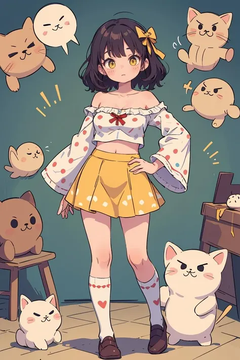 a cartoon girl in a skirt and a bow is surrounded by cats