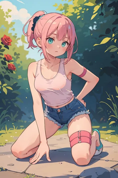 a woman with pink hair and blue eyes sitting on a stone