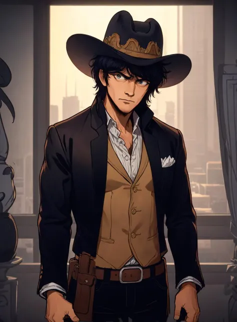 a man in a cowboy hat and gloves holding a plant in his hand and looking at the camera with a serious look on his face, Dean Roger, western, a character portrait, rococo    <lora:Black_INk-000008:.9>,