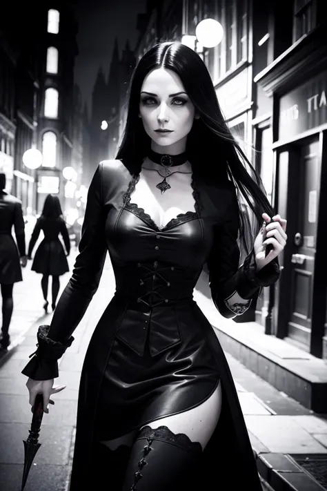 gothic woman in black leather outfit holding an umbrella on a city street