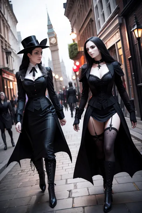 two women dressed in gothic costumes walking down a city street