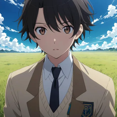 <lora:AZ_Inaho_XL:0.7>,<lora:DetailedEyes_V3:1.6>,looking at viewer,
solo,
anime screencap,best quality,masterpiece,
Soujirou Agata,1boy,brown eyes,black hair,
school_uniform,jacket,necktie,white sweater,black pants,grassland,blue sky,wind,