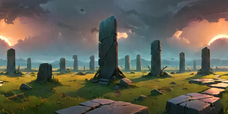 a painting of a stone circle in a grassy field with a sunset in the background