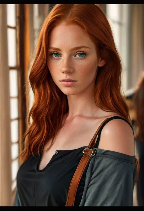 a close up of a woman with red hair and a purse