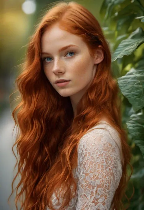 a close up of a woman with long red hair and a white dress