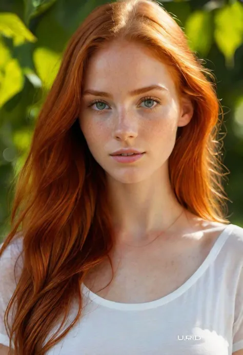 a close up of a woman with long red hair and a white shirt