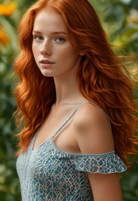 a close up of a woman with red hair and a blue dress