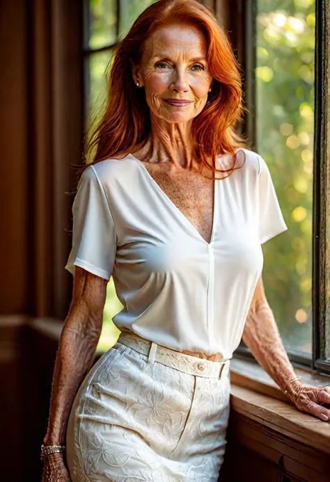 a close up of a woman leaning against a window with a white shirt