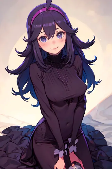 cowboy shot, nervous smile, holding milk bottle, looking away, pov, blush, straight-on, <lora:Hex_Maniac_Pokemon_v2:0.95> hex maniac (pokemon), purple eyes, @_@, long hair, ahoge, purple hairband, large breasts, long purple dress, turtleneck, long sleeves,...