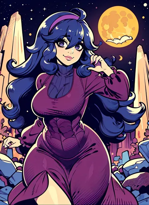 a cartoon of a woman in a purple dress standing in front of a full moon