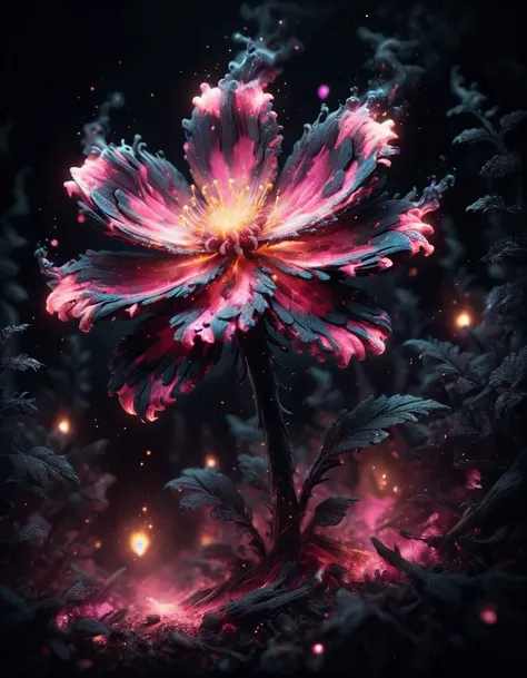 Ink illustration, bioluminescent pink flower, fabulous night forest, magical radiance, Concept art,depth of fieldm, realistic, cinematic lighting, soft shadows,fractal, colorful, depth of field , vivid colors, volumetric lighting, ink stains, ink splatters...