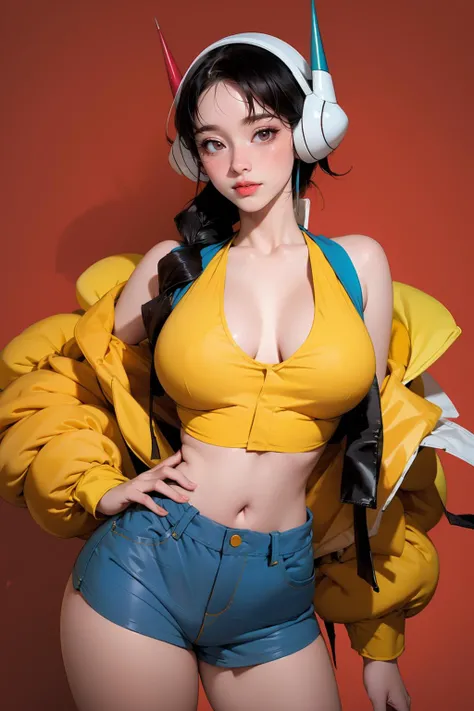 1girl,solo,medium breasts,outdoors,<lora:GoodHands-beta2:1>,standing,ruanyi0265,elesa (pokemon),red background,yellow jacket,<lora:0265 pokemon elesa fan costume_v2:0.9>,shorts,poke ball,headphones,(cowboy shot:1.3),, (masterpiece, best quality, hires, hig...