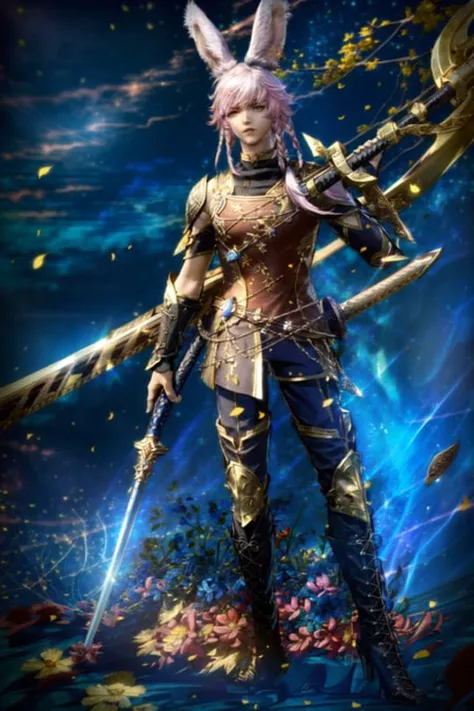 a woman in armor holding two swords and a sword