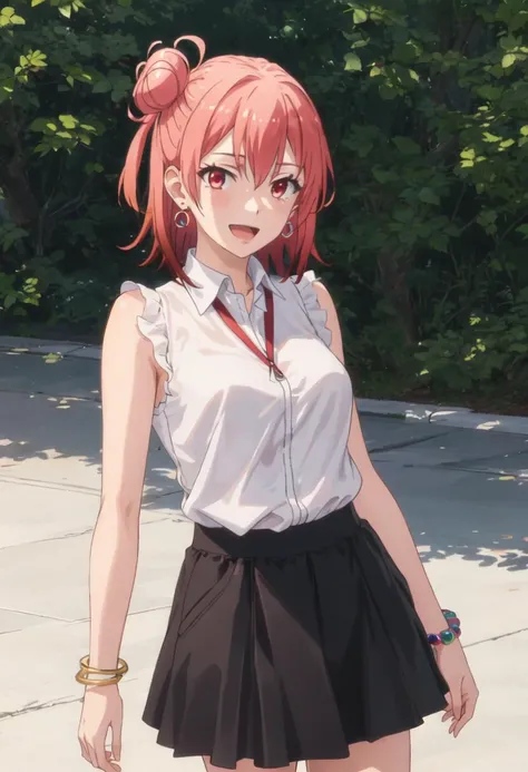 best quality, masterpiece, highres, solo, {yuigahama_yui_yahariorenoseishunlovecomewamachigatteiru:0.90}, 1girl, open_mouth, looking_at_viewer, standing, white_shirt, bangs, earrings, sleeveless_shirt, :d, black_skirt, bracelet, red_eyes, single_side_bun