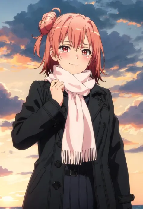 best quality, masterpiece, highres, solo, {yuigahama_yui_yahariorenoseishunlovecomewamachigatteiru:0.90}, 1girl, blush, scarf, tears, coat, smile, cloud, looking_at_viewer, sky, sunset