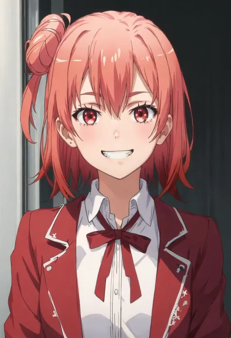 best quality, masterpiece, highres, solo, {yuigahama_yui_yahariorenoseishunlovecomewamachigatteiru:0.90}, evil_grin, evil_smile, grin, portrait, looking at viewer