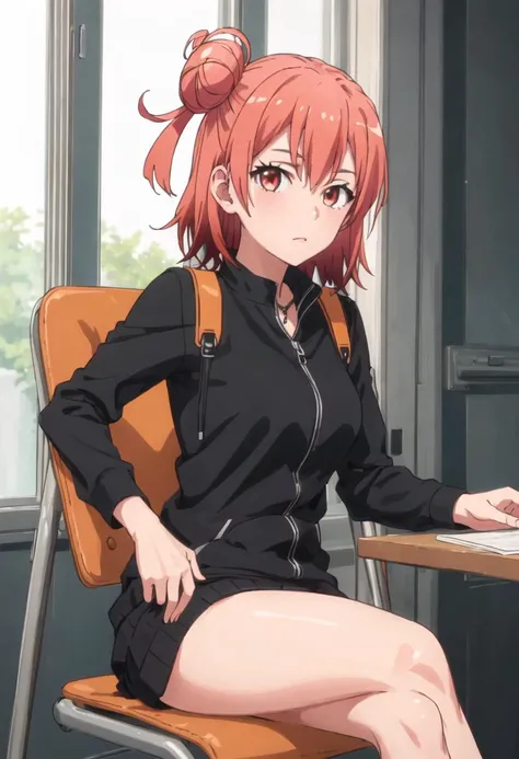 {safe:1.10}, best quality, masterpiece, highres, solo, {yuigahama_yui_yahariorenoseishunlovecomewamachigatteiru:0.90}, sitting, sitting on chair, chair, cowboy_shot, looking at viewer