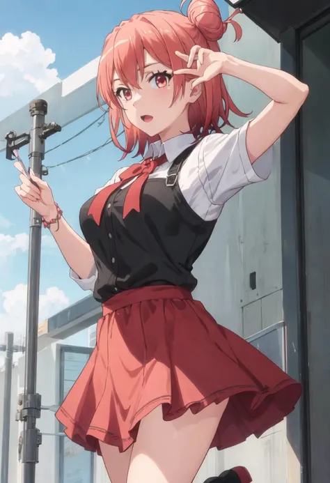 {safe:1.10}, best quality, masterpiece, highres, solo, {yuigahama_yui_yahariorenoseishunlovecomewamachigatteiru:0.90}, jumping, cowboy_shot, looking at viewer