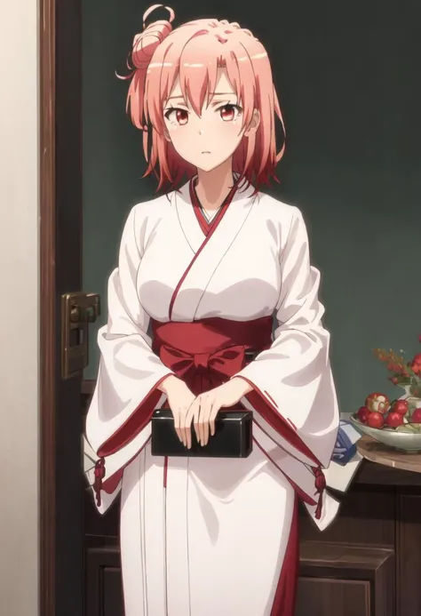 best quality, masterpiece, highres, solo, {yuigahama_yui_yahariorenoseishunlovecomewamachigatteiru:0.90}, {white kimono:1.35}, {red hakama:1.35}, {wide sleeves:1.20}