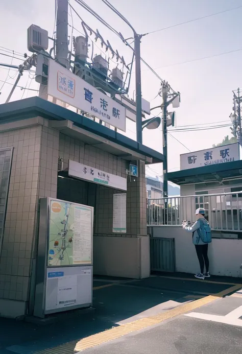 there is a man standing in front of a building with a map