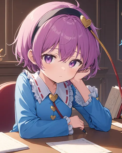 anime girl with purple hair sitting at a desk with a book