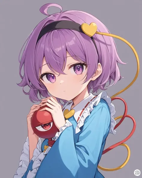 anime girl with purple hair holding an apple in her hand