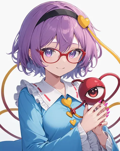 anime girl with purple hair and glasses holding a red object