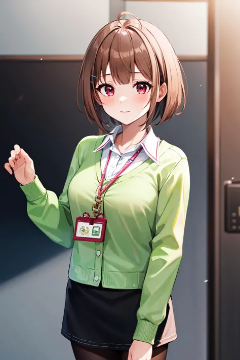 masterpiece, best quality, highres, nodoka1, 1girl, solo, pantyhose, brown hair, lanyard, black skirt, short hair, ahoge, red eyes, bangs, hair ornament, white shirt, collared shirt, long sleeves, hairclip, green cardigan, dress shirt, <lora:harusaki_nodok...